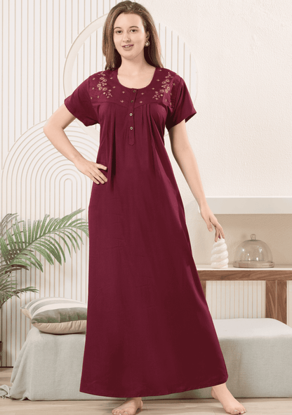 Anaya Wine Floral Embroidered Nightgown