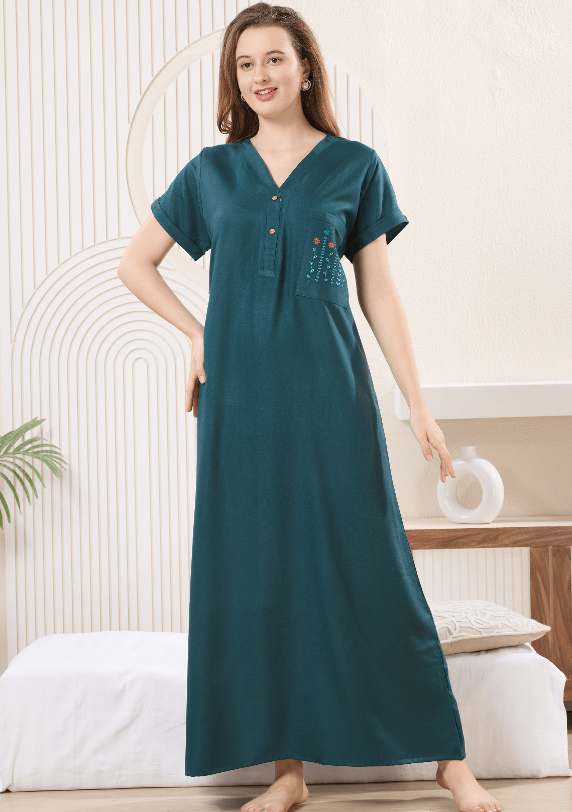 Myra Teal Blue  Floral Embroidered Pocket Nightgown