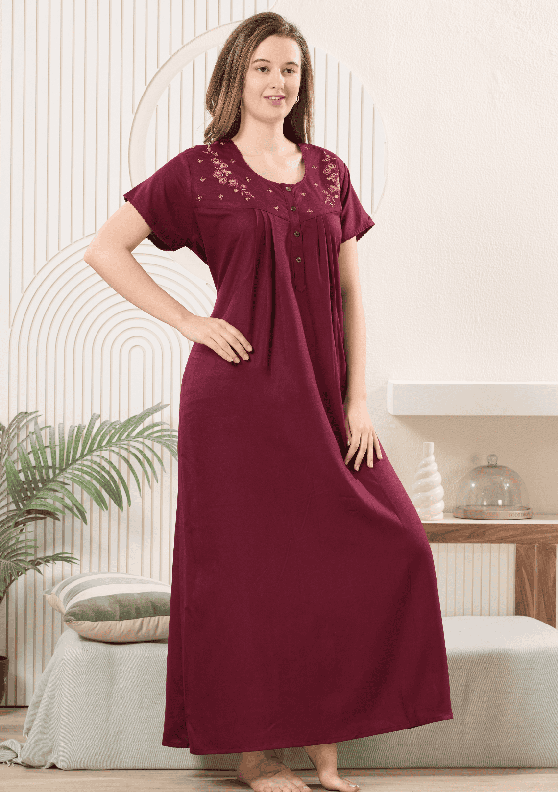 Anaya Wine Floral Embroidered Nightgown