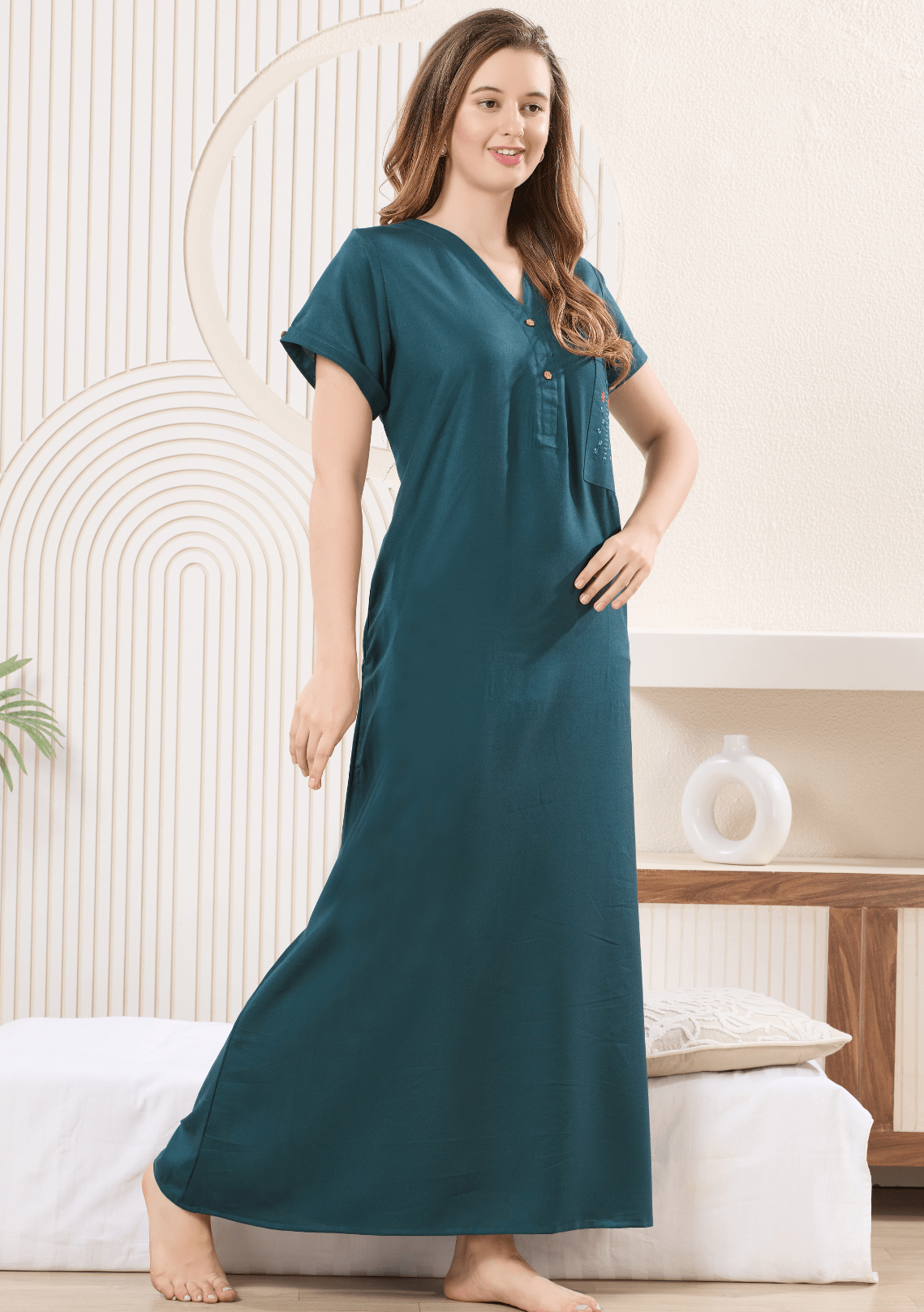 Myra Teal Blue  Floral Embroidered Pocket Nightgown