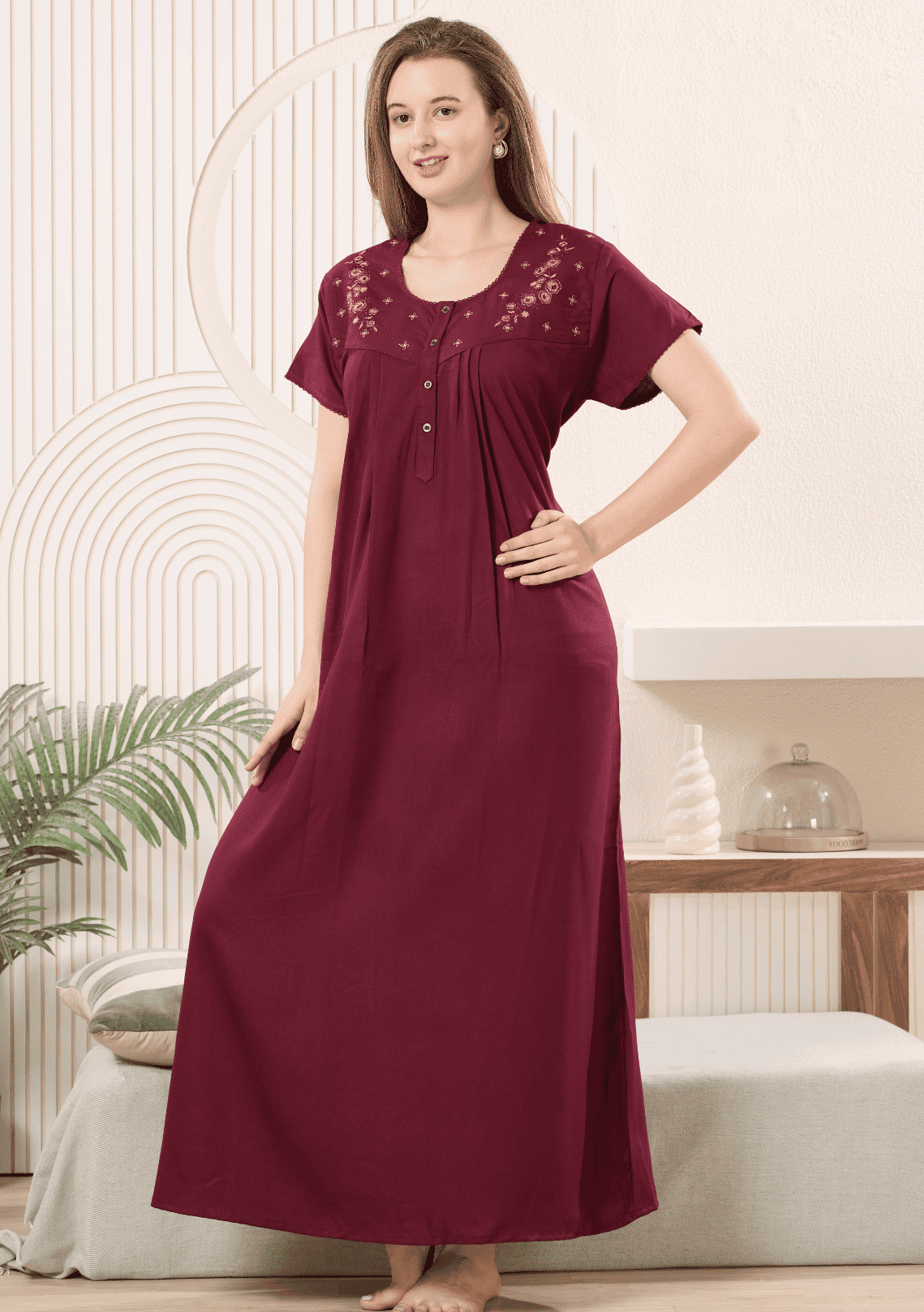Anaya Wine Floral Embroidered Nightgown