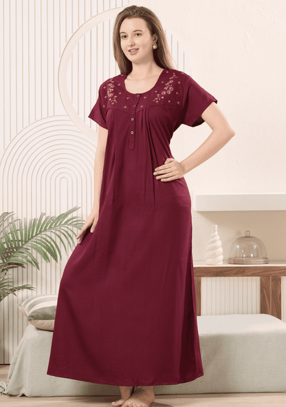 Anaya Wine Floral Embroidered Nightgown