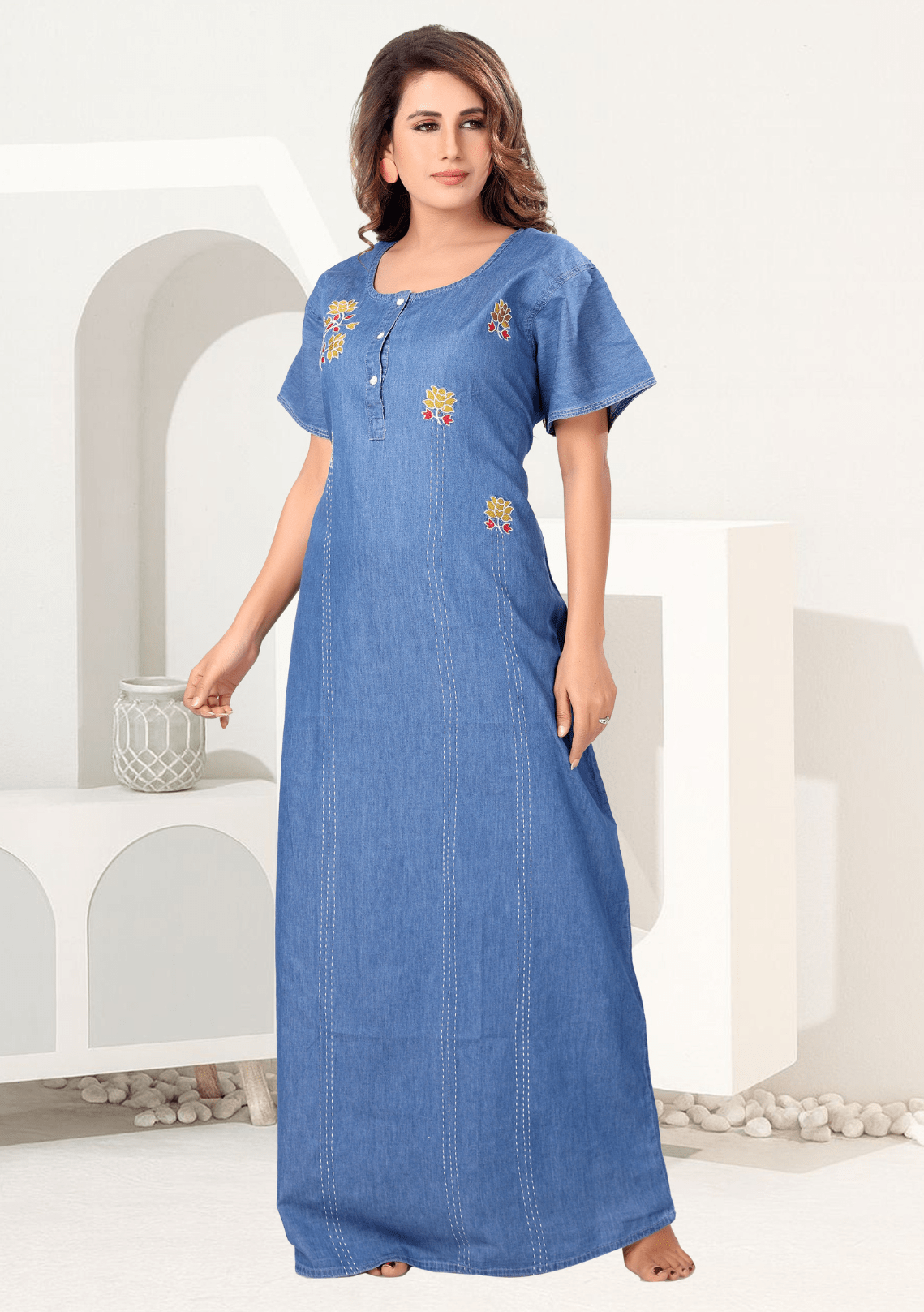 Freya  Light Denim Embroidered Nightgown
