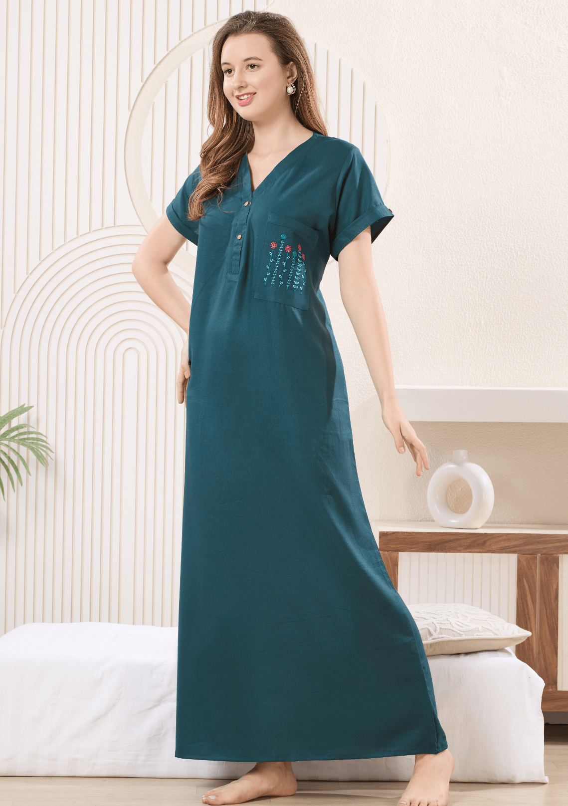 Myra Teal Blue  Floral Embroidered Pocket Nightgown