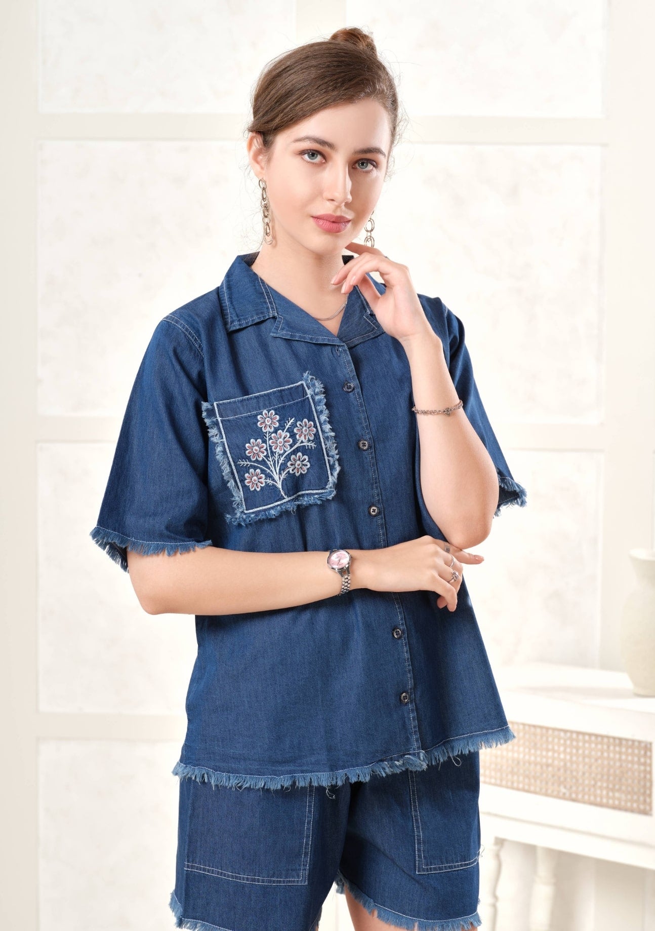 Violet Frayed Dark Denim Shorts Set