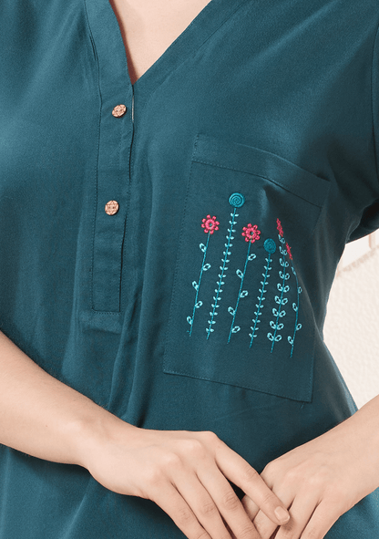 Myra Teal Blue  Floral Embroidered Pocket Nightgown