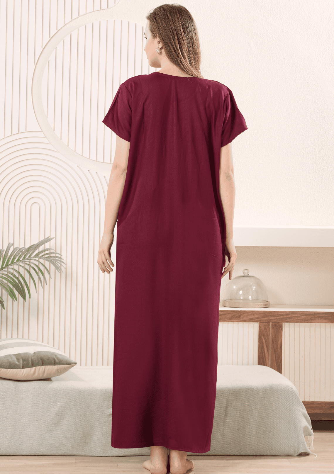 Anaya Wine Floral Embroidered Nightgown