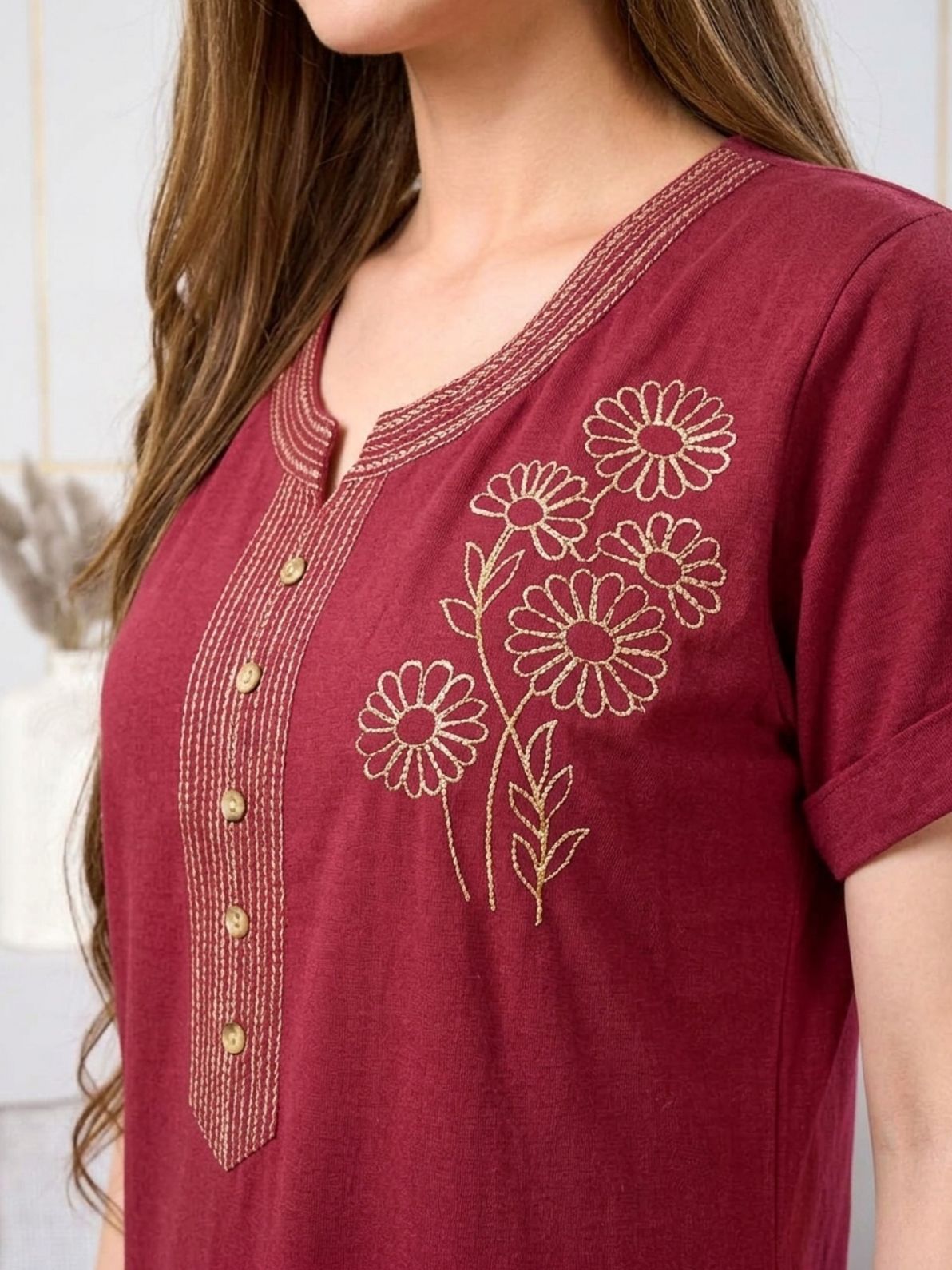 Zaria Wine Red Floral Embroidered Nightgown