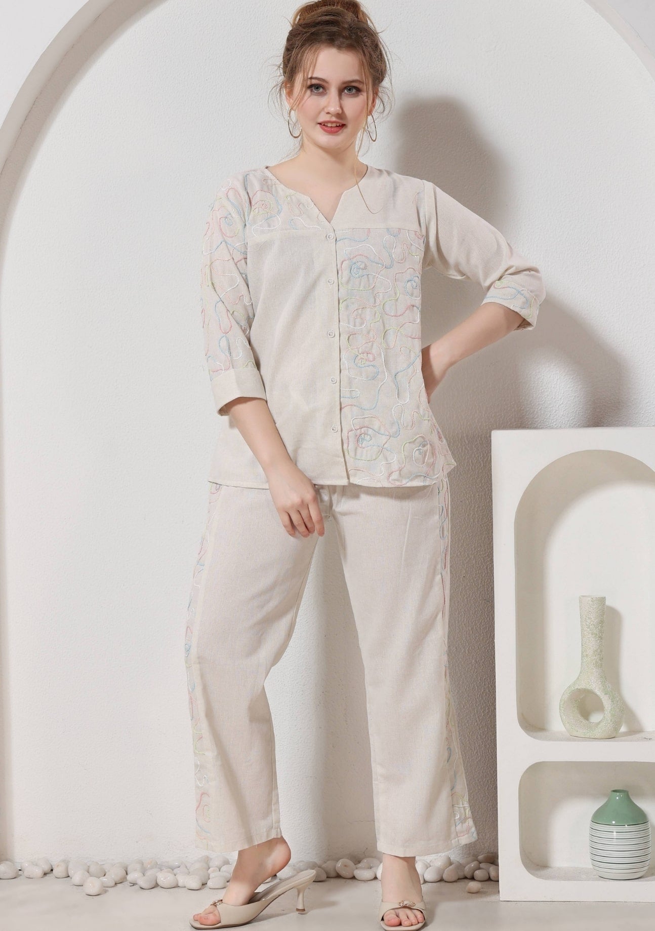 Elara Soft Beige Thread Linen Co-ord Set