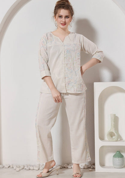 Elara Soft Beige Thread Linen Co-ord Set