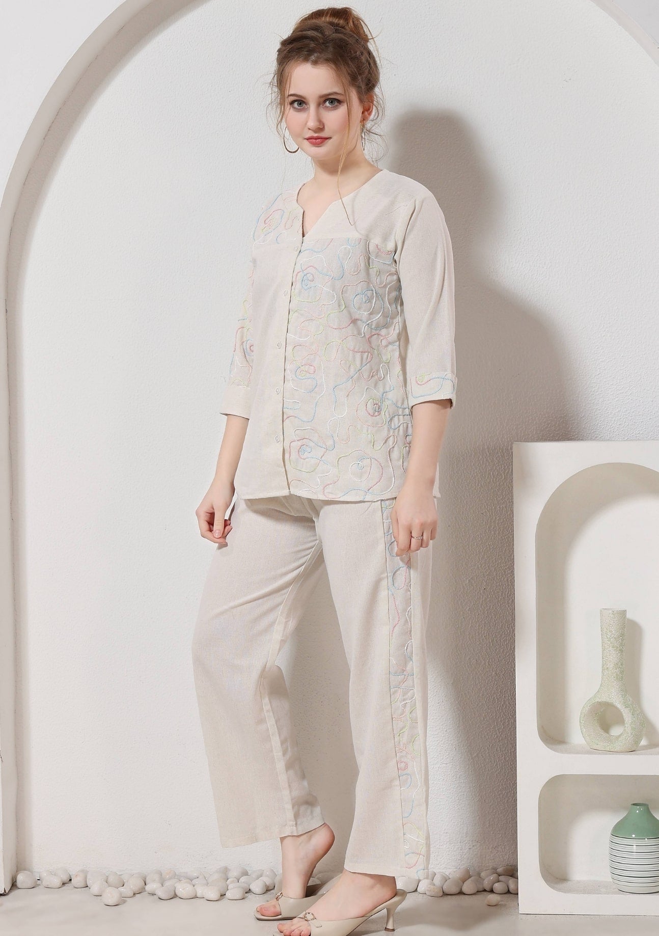 Elara Soft Beige Thread Linen Co-ord Set