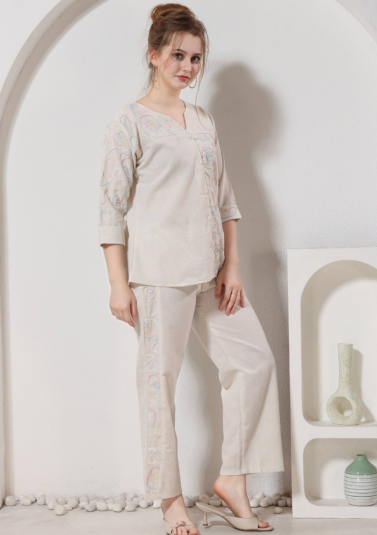 Elara Soft Beige Thread Linen Co-ord Set