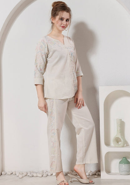 Elara Soft Beige Thread Linen Co-ord Set