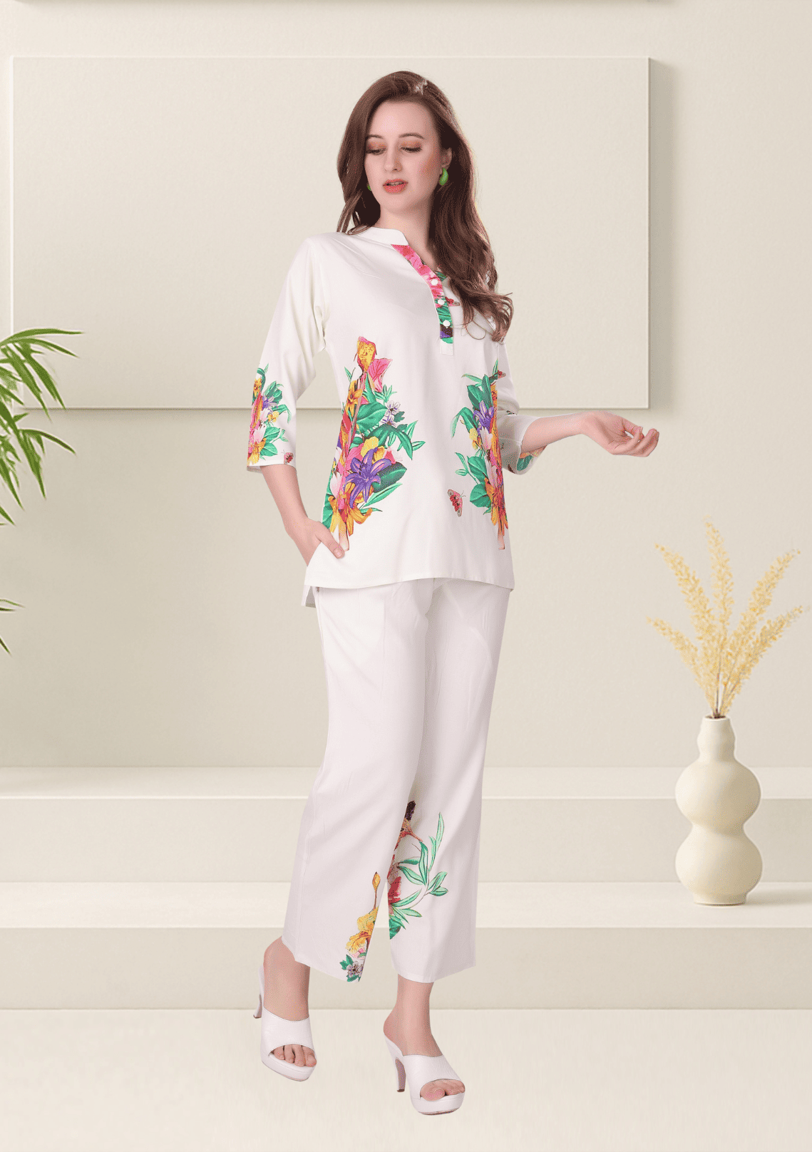 Zoey Ivory Printed Rayon Co-ord Set