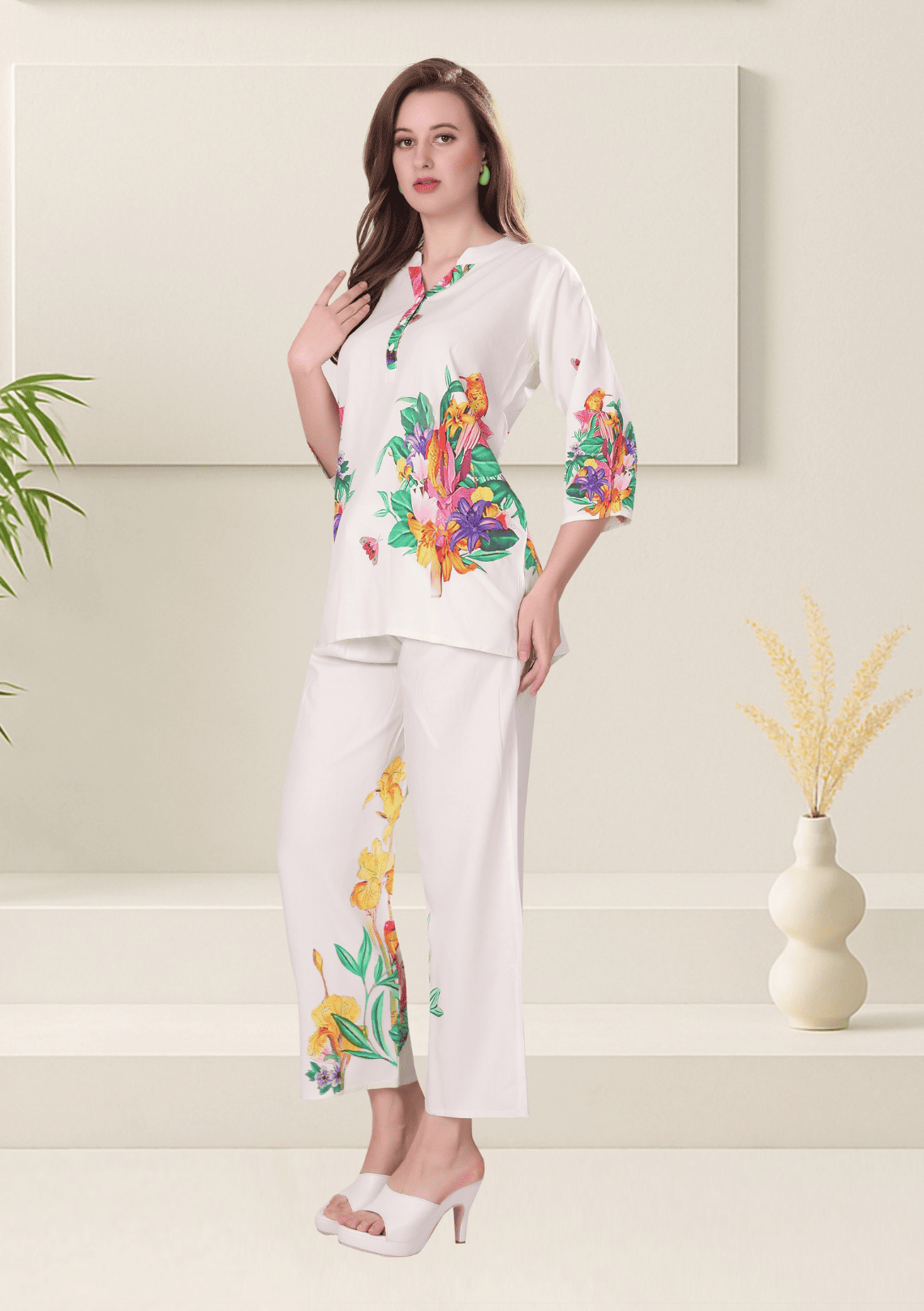 Zoey Ivory Printed Rayon Co-ord Set