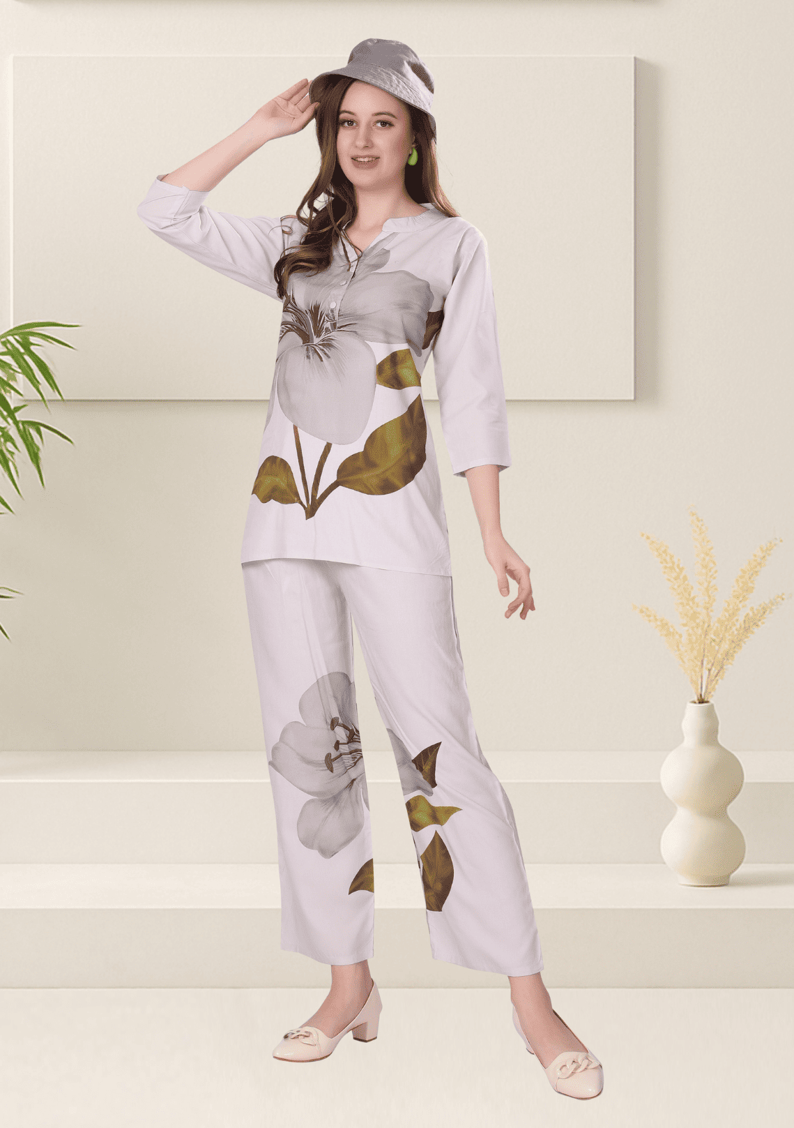 Grace Dove Gray Printed Rayon Co-ord Set