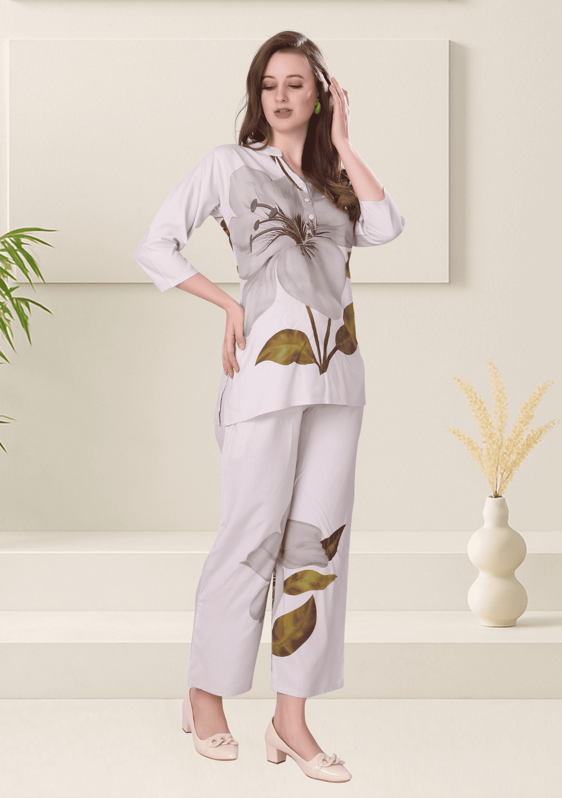 Grace Dove Gray Printed Rayon Co-ord Set