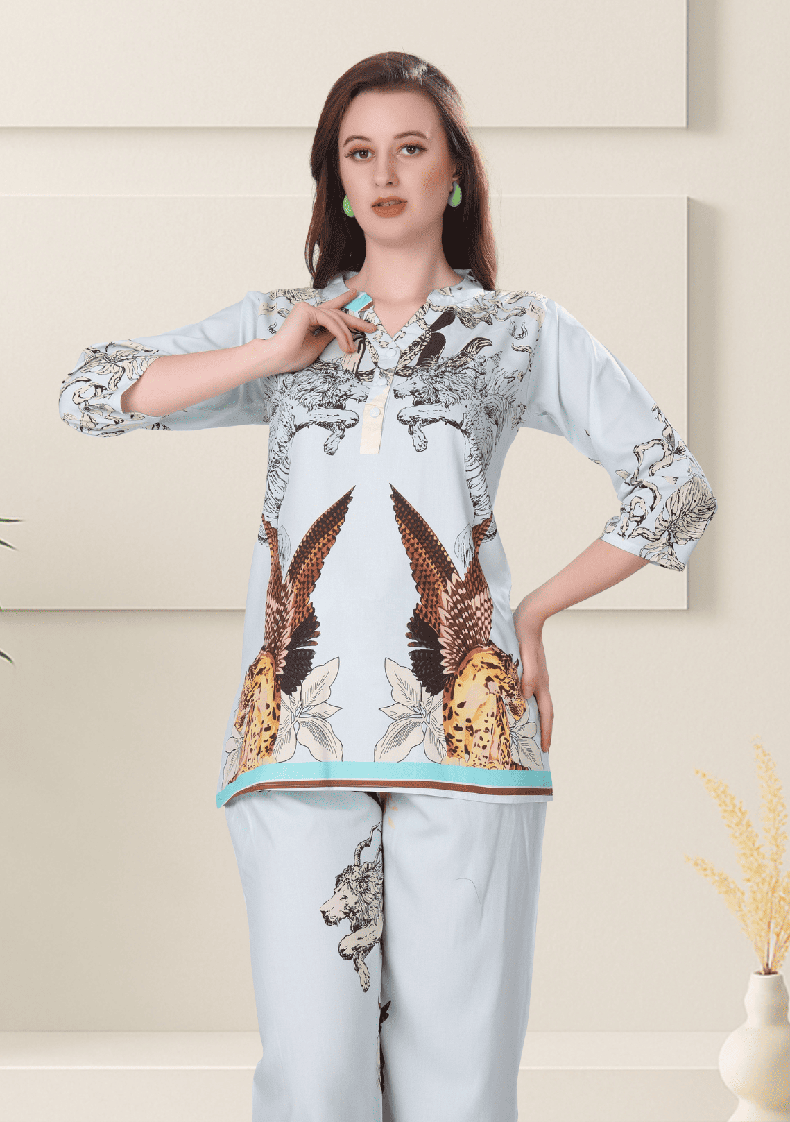 Amara Soft Cyan Printed Rayon Co-ord Set
