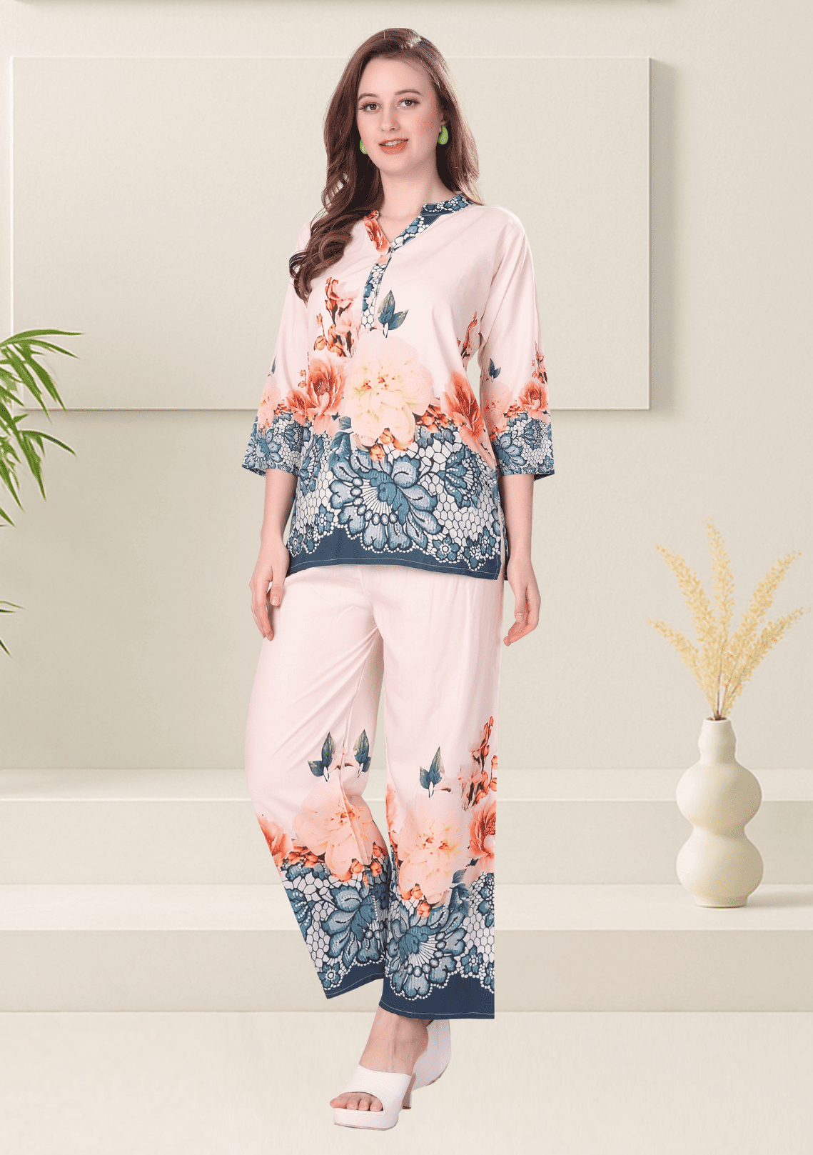 Rhea Apricot Printed Rayon Co-ord Set