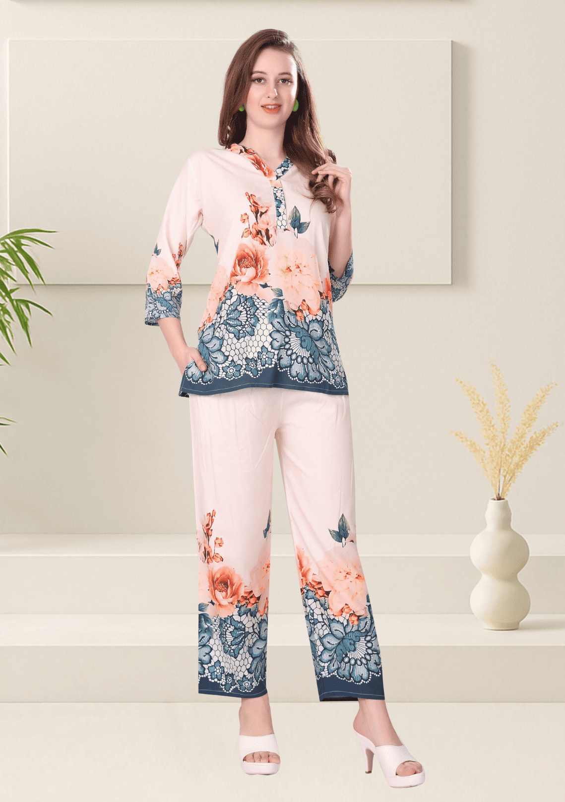 Rhea Apricot Printed Rayon Co-ord Set