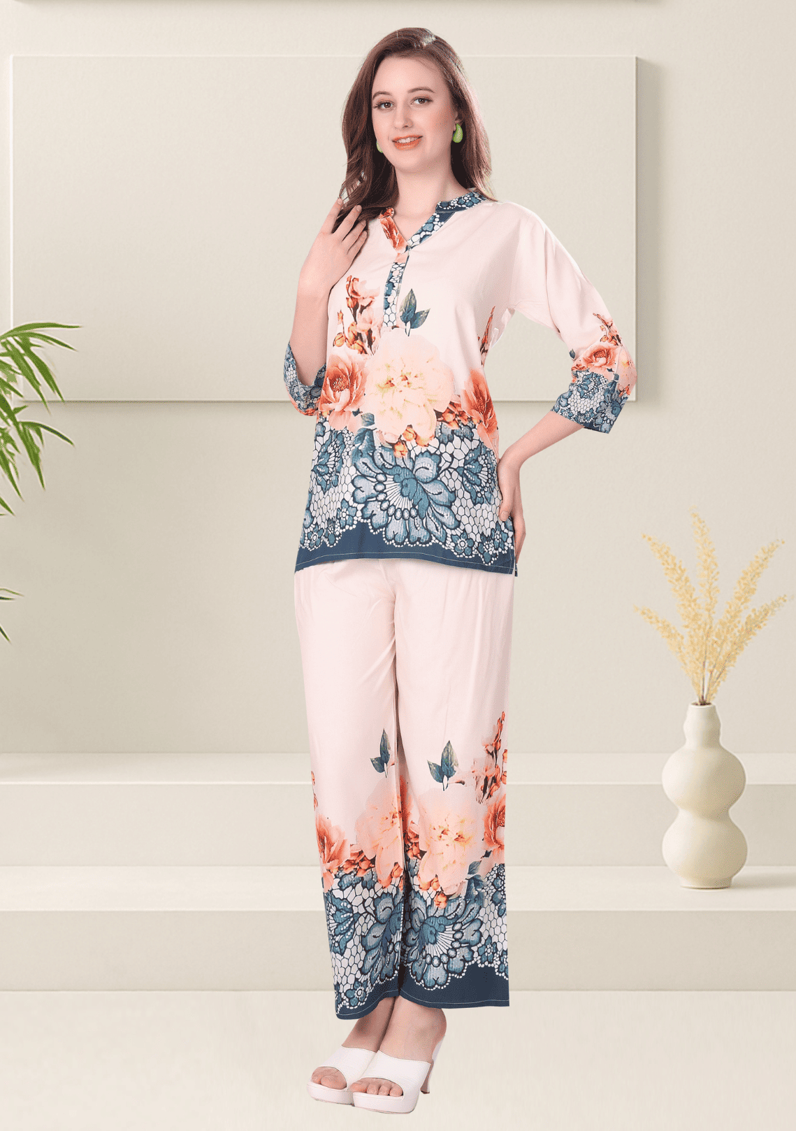 Rhea Apricot Printed Rayon Co-ord Set