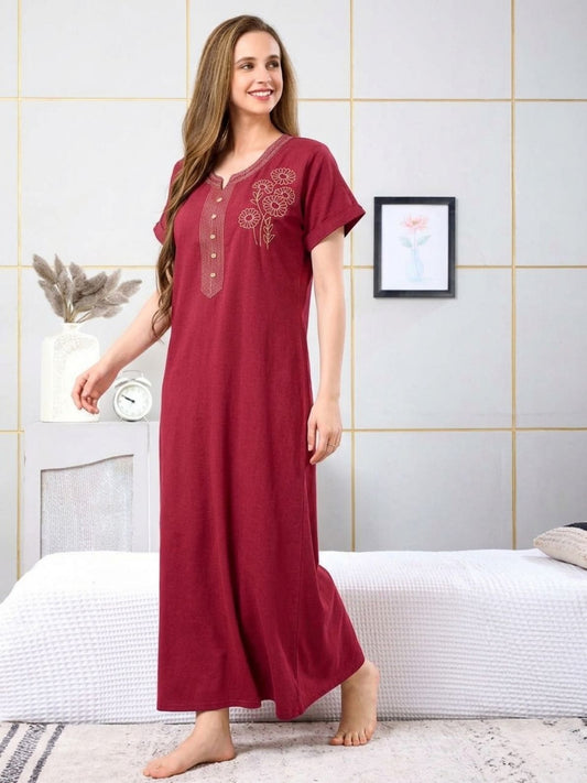 Zaria Wine Red Floral Embroidered Nightgown