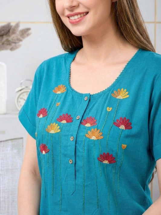 Honey Aqua Floral Embroidered Nightgown