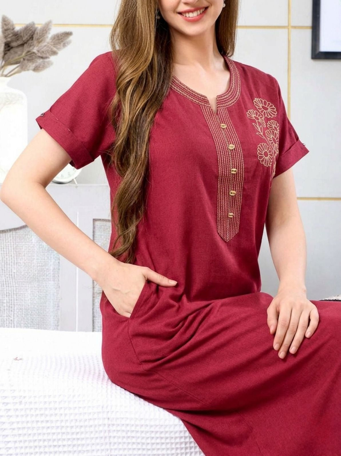 Zaria Wine Red Floral Embroidered Nightgown