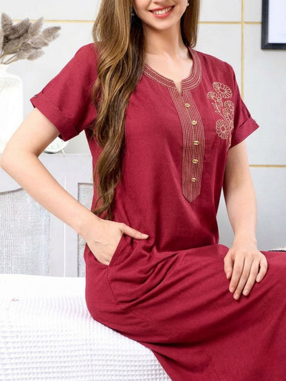 Zaria Wine Red Floral Embroidered Nightgown