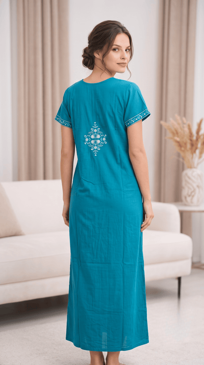 Aura Turquoise Blue Bloom Embroidered Nightgown