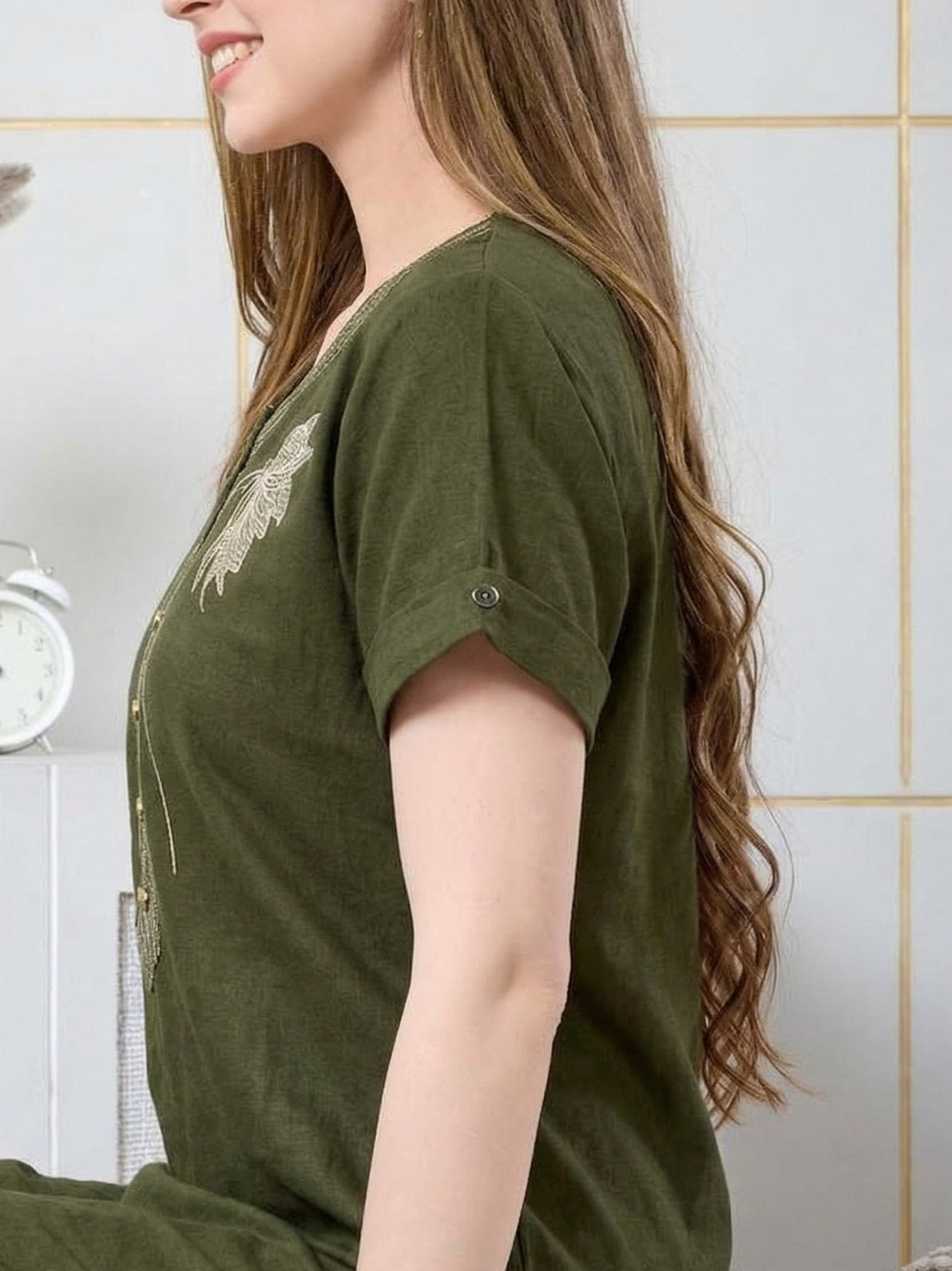 Arlina Olive Green Leaf Embroidered Nightgown