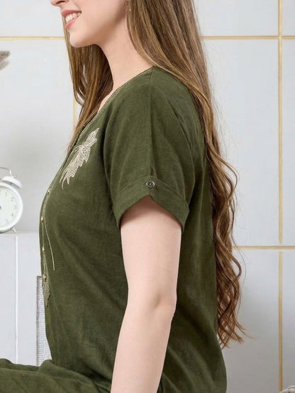 Arlina Olive Green Leaf Embroidered Nightgown
