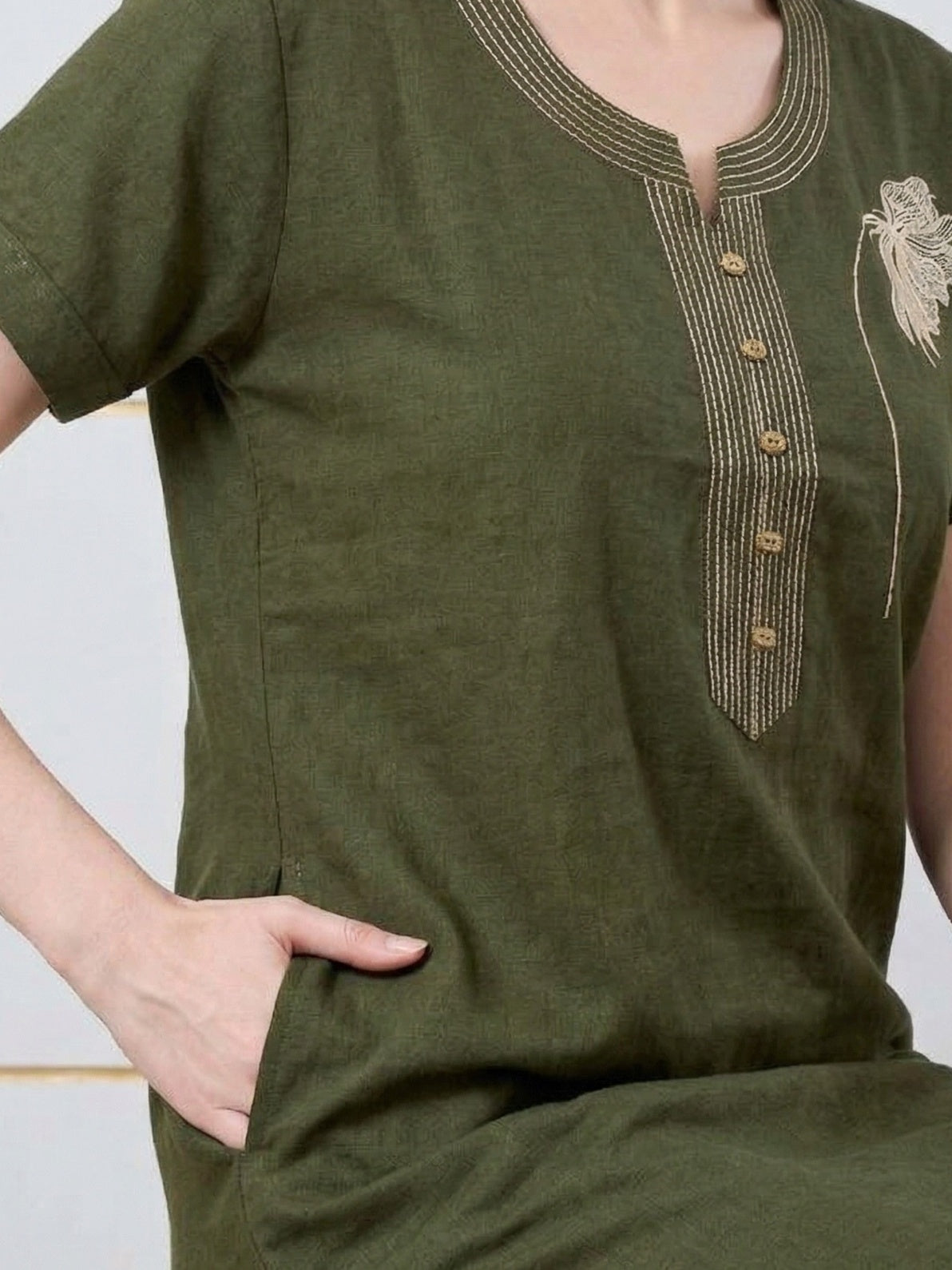 Arlina Olive Green Leaf Embroidered Nightgown
