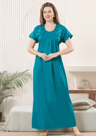 Anaya Cyan Floral Embroidered Nightgown