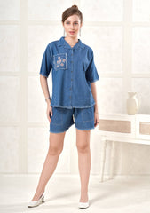 Violet Frayed Light Denim Shorts Set