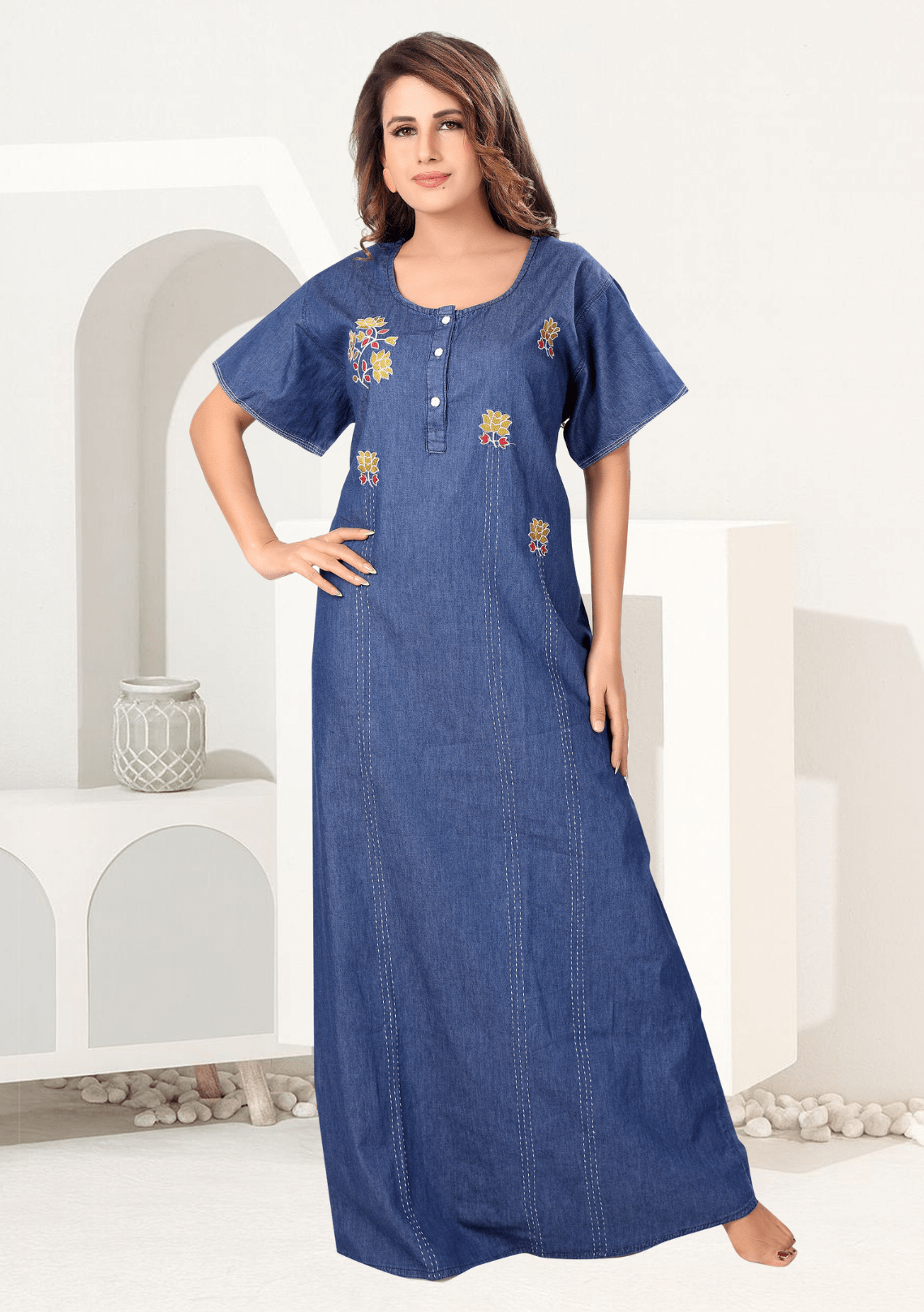 Freya  Dark Denim Embroidered Nightgown
