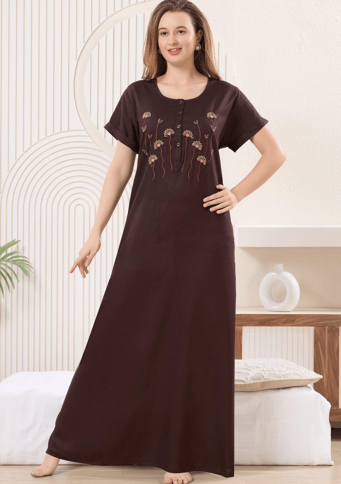 Myra Rich Mocha  Floral Embroidered  Nightgown