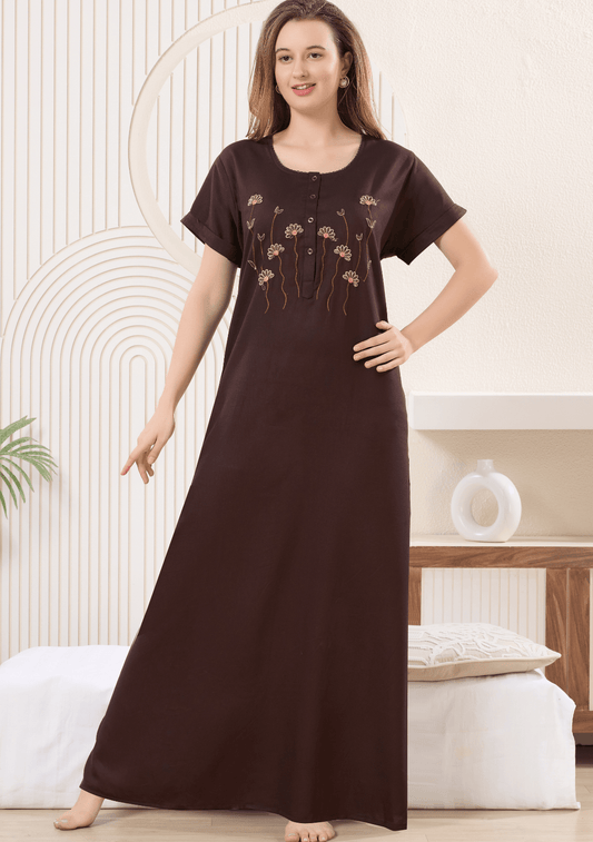 Myra Rich Mocha  Floral Embroidered  Nightgown