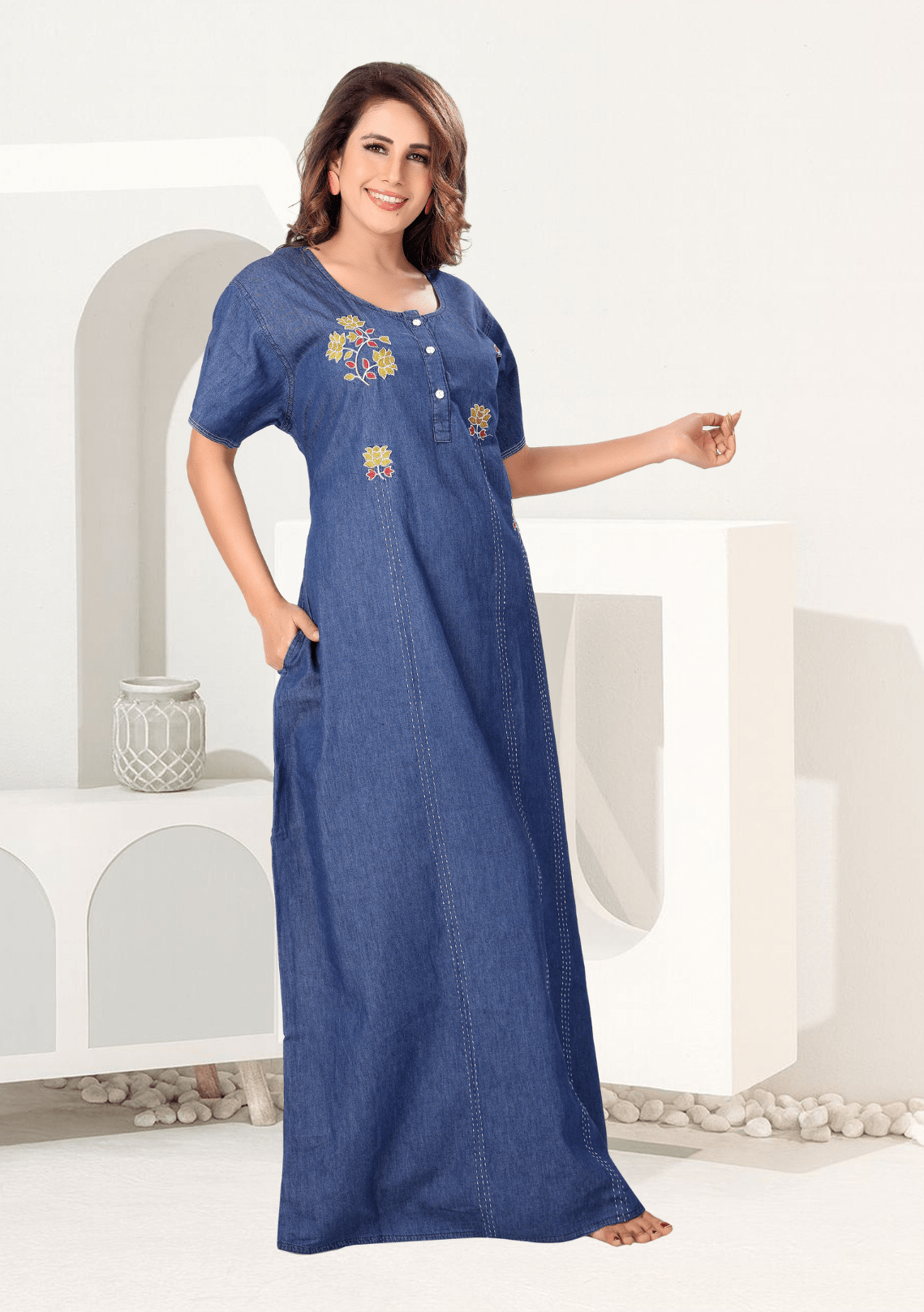 Freya  Dark Denim Embroidered Nightgown
