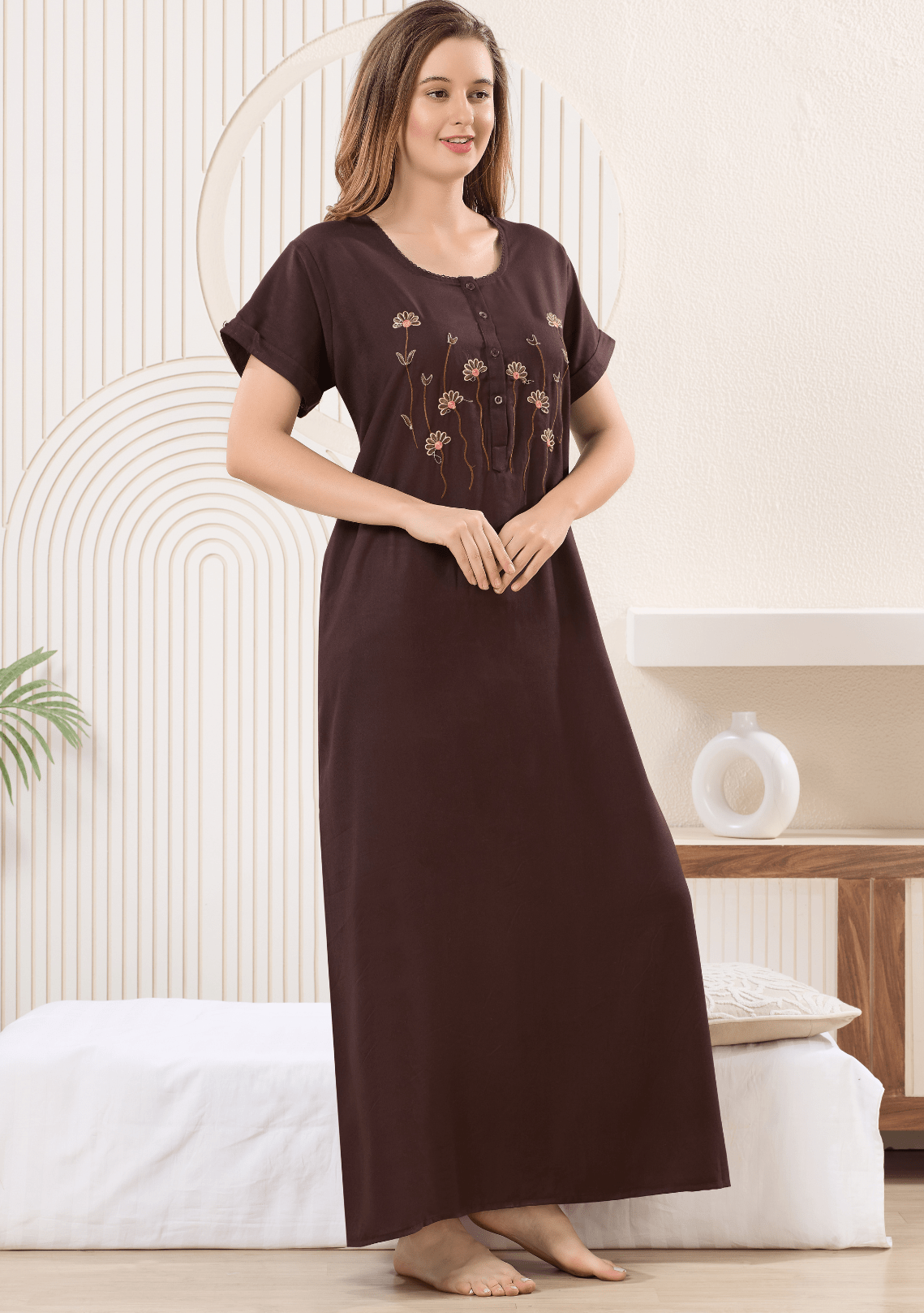 Myra Rich Mocha  Floral Embroidered  Nightgown