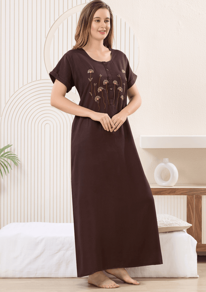 Myra Rich Mocha  Floral Embroidered  Nightgown