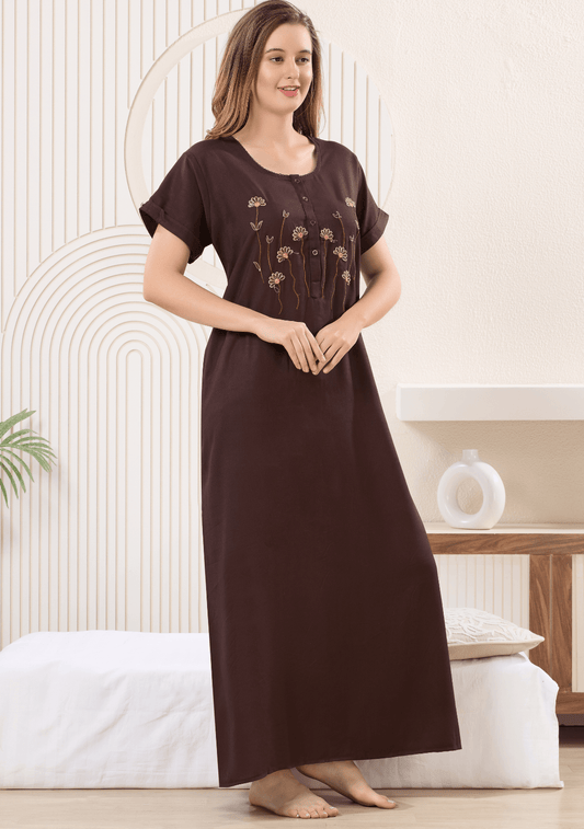 Myra Rich Mocha  Floral Embroidered  Nightgown