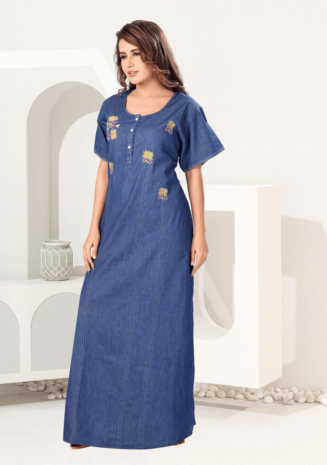 Freya  Dark Denim Embroidered Nightgown