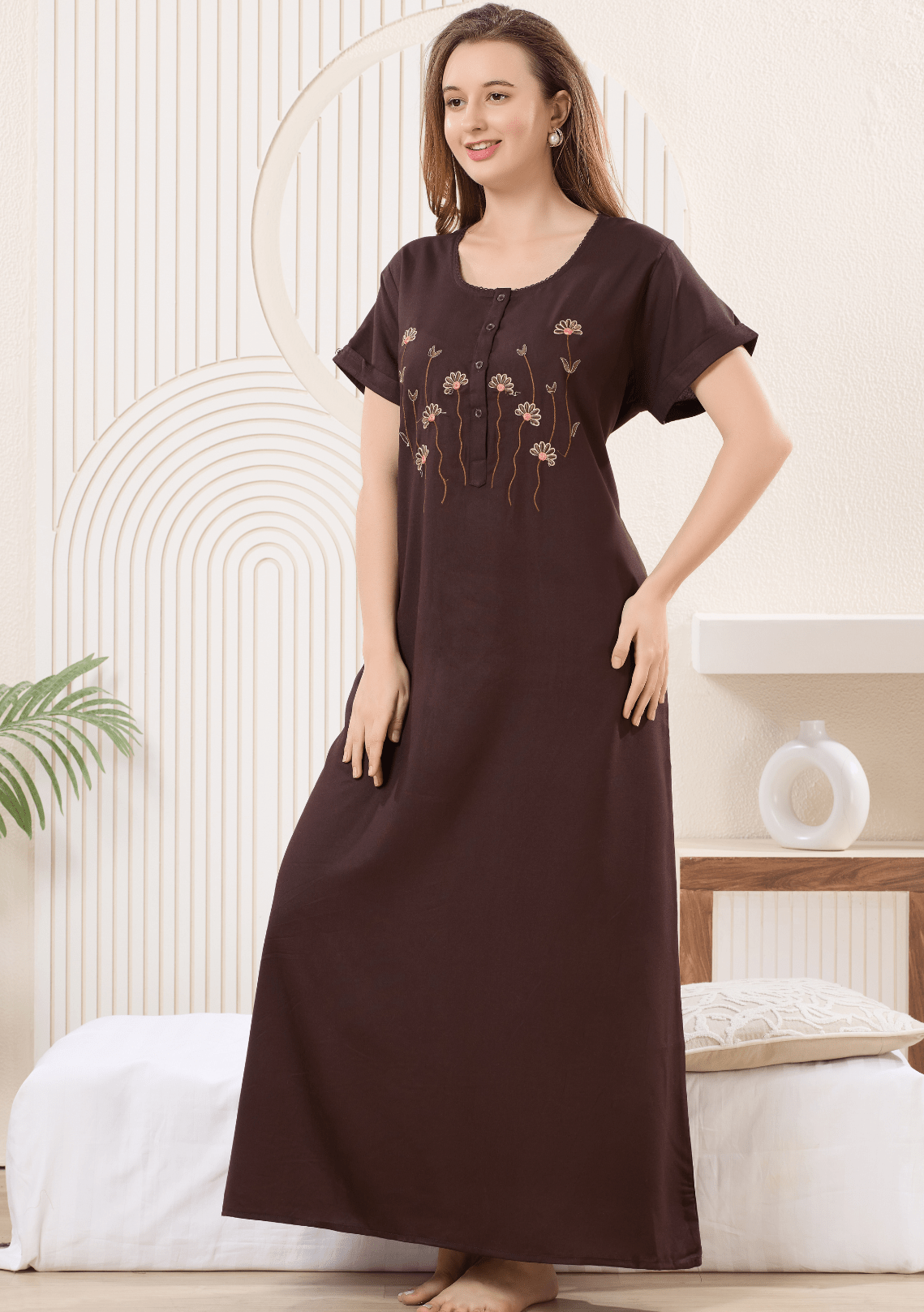 Myra Rich Mocha  Floral Embroidered  Nightgown