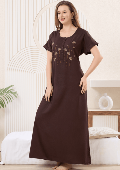 Myra Rich Mocha  Floral Embroidered  Nightgown
