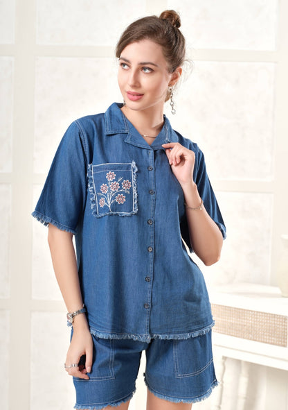 Violet Frayed Light Denim Shorts Set