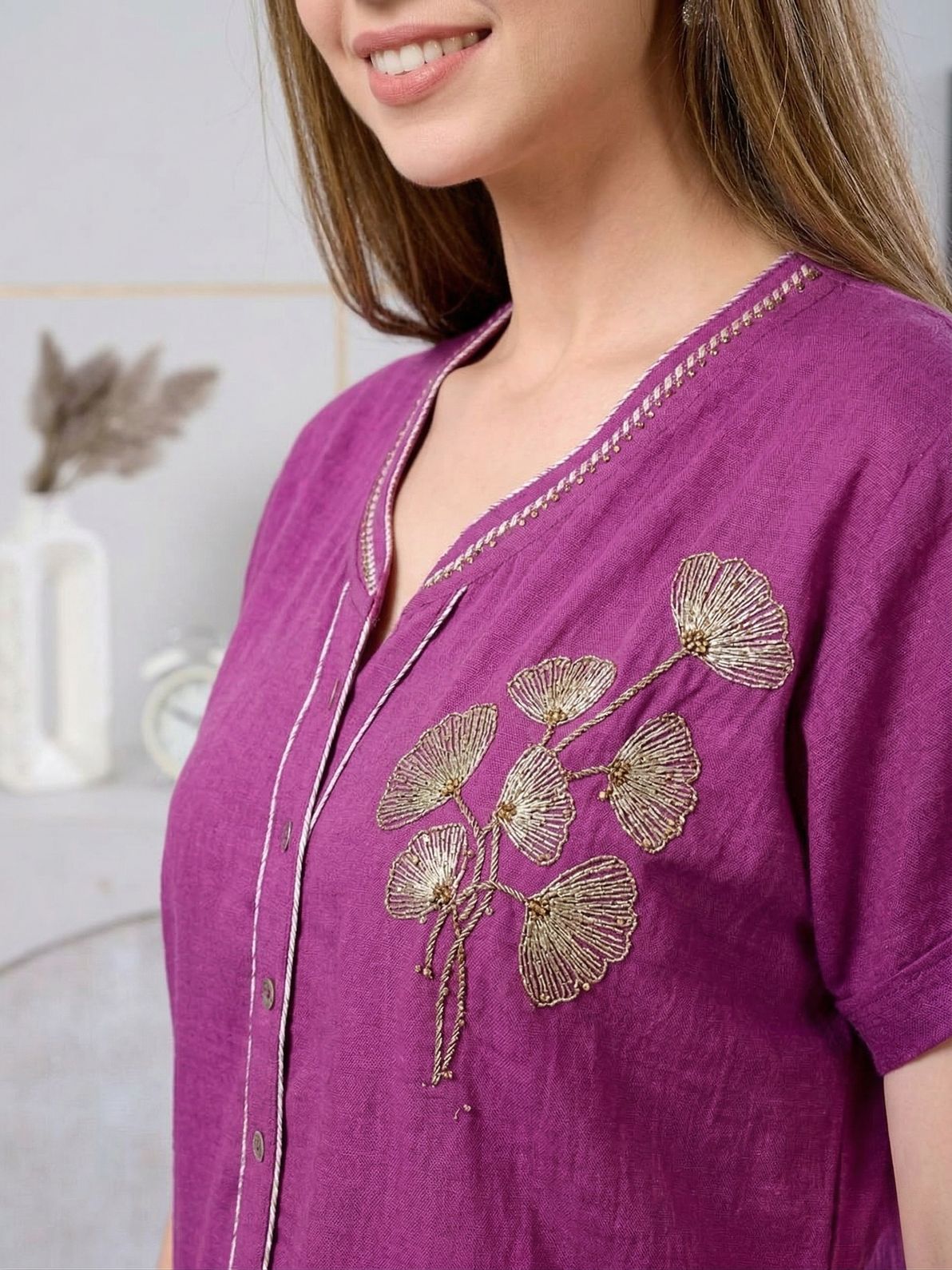 Ellie Berry Magenta Flower Embroidered Nightgown