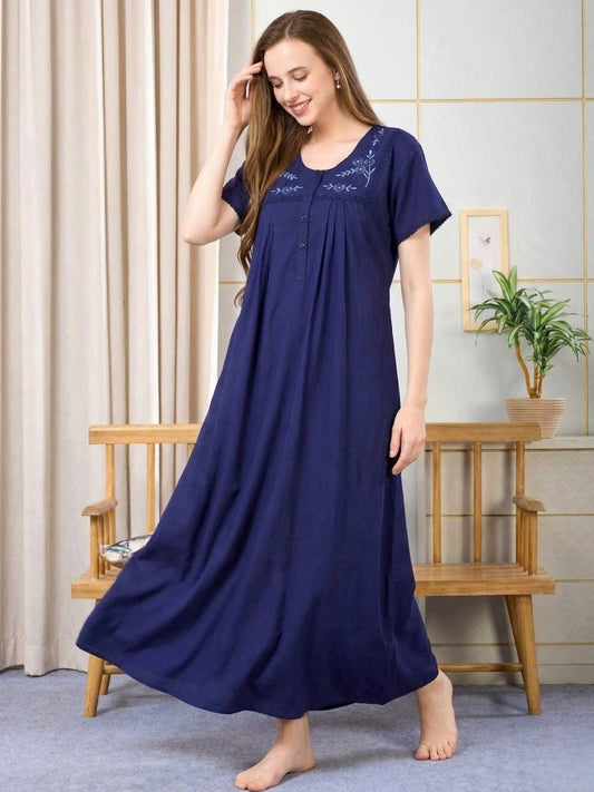 Lisa Navy Blue Thread Embroidered Nightgown
