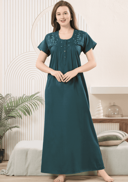 Anaya Bottle Green Floral Embroidered Nightgown