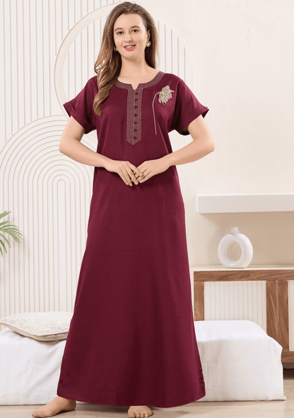 Myra Dark Cherry  Floral Embroidered  Nightgown